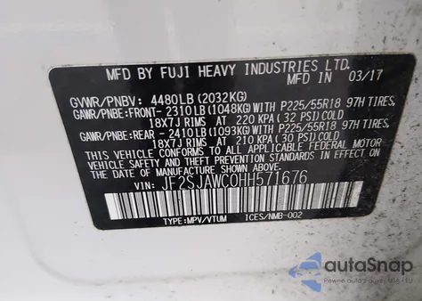 2017 Subaru Forester 2.5I Touring from USA, damaged, VIN JF2SJAWC0HH571676